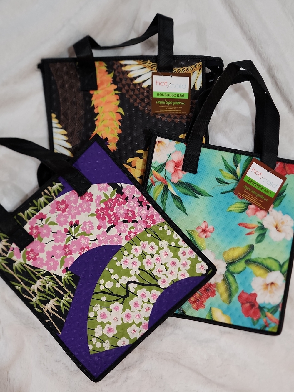 Medium Hot/Cold Insulated Reusable Bags, Tropical Paper Garden Set Of 3